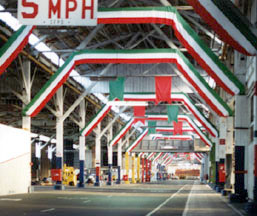 Main aisle of Pier 35 with red, white and green bunting